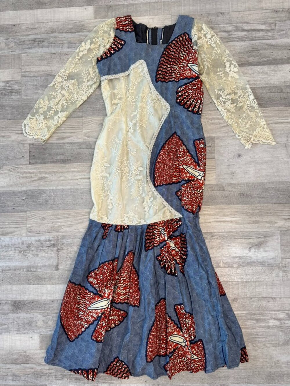Custom Made African Print Maxi Dress Fits Like Small Lace Panels, Mermaid Cut N2